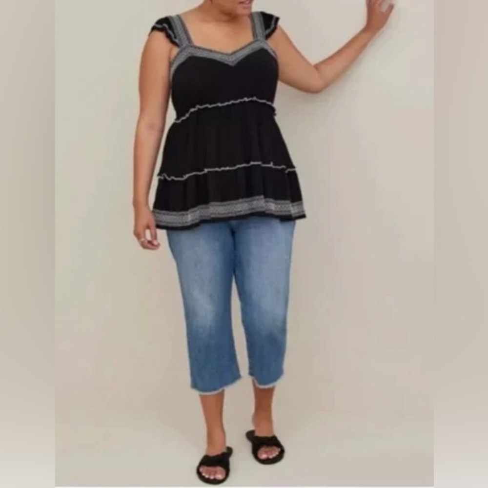 NWT Torrid 4 Tank Top Black Babydoll Crinkle Gauze Embroidered Tiered  Size 4XL